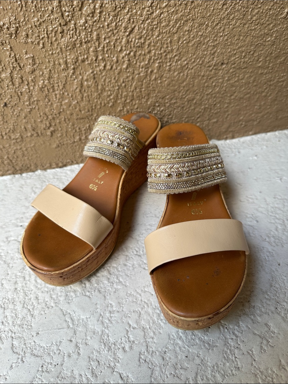 Beige Embellished Cork Wedge Slide Sandals